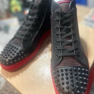 Christian Louboutin Black and Red High-Top Sneakers with Studs
